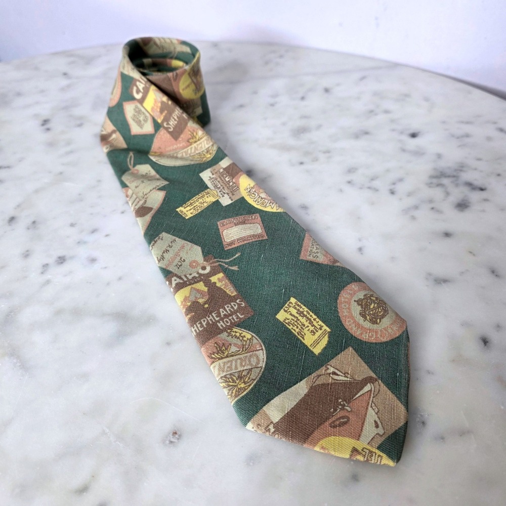 GAP Necktie Sage Green Travel Postcards USA Made Linen Rayon Mens Retro 90s Tie